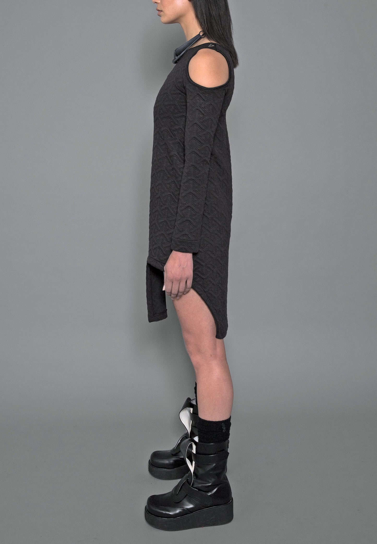 Black Cut Out Shoulder Geometric Dress