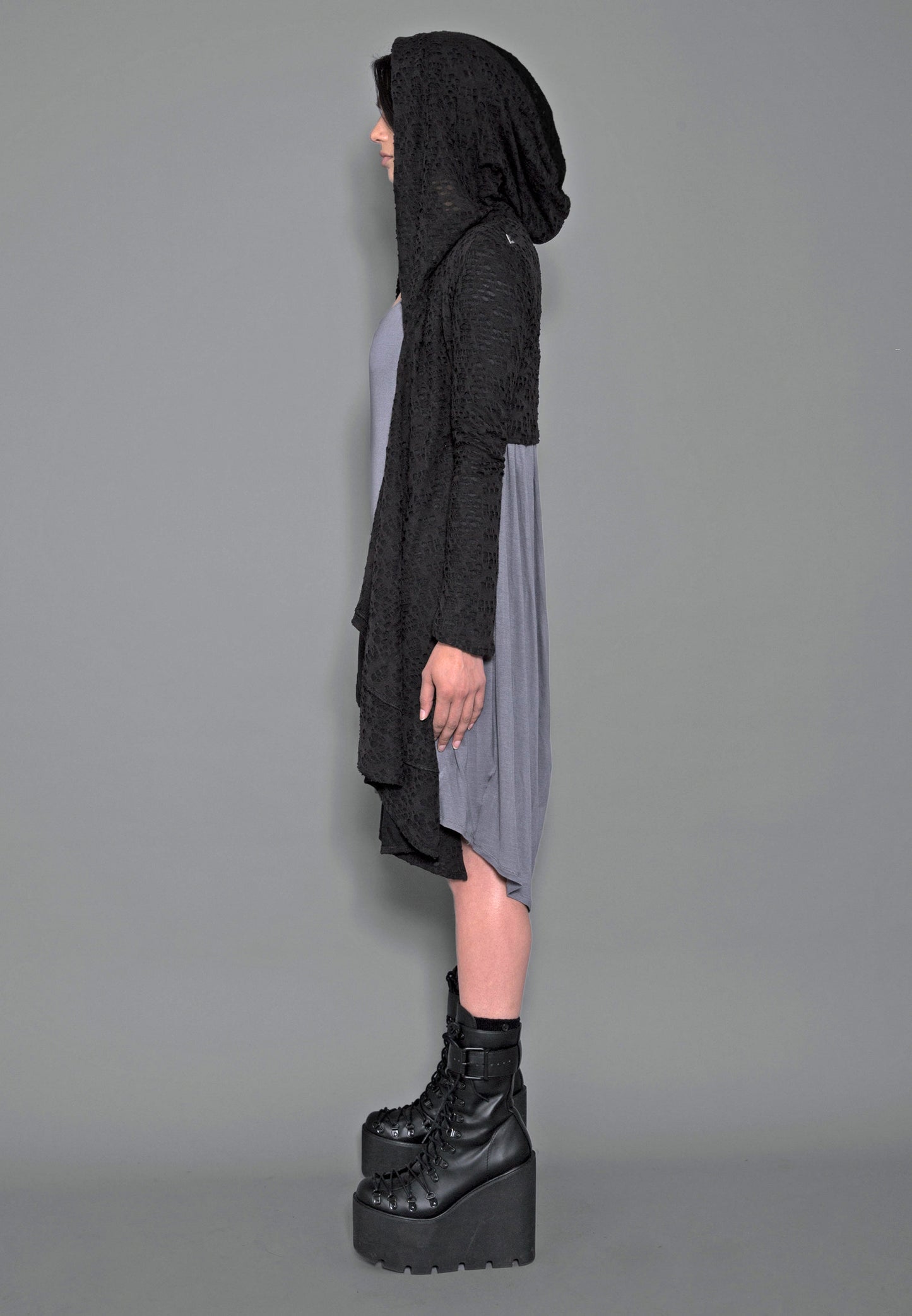 Black Distressed Hooded Cardigan Long Front