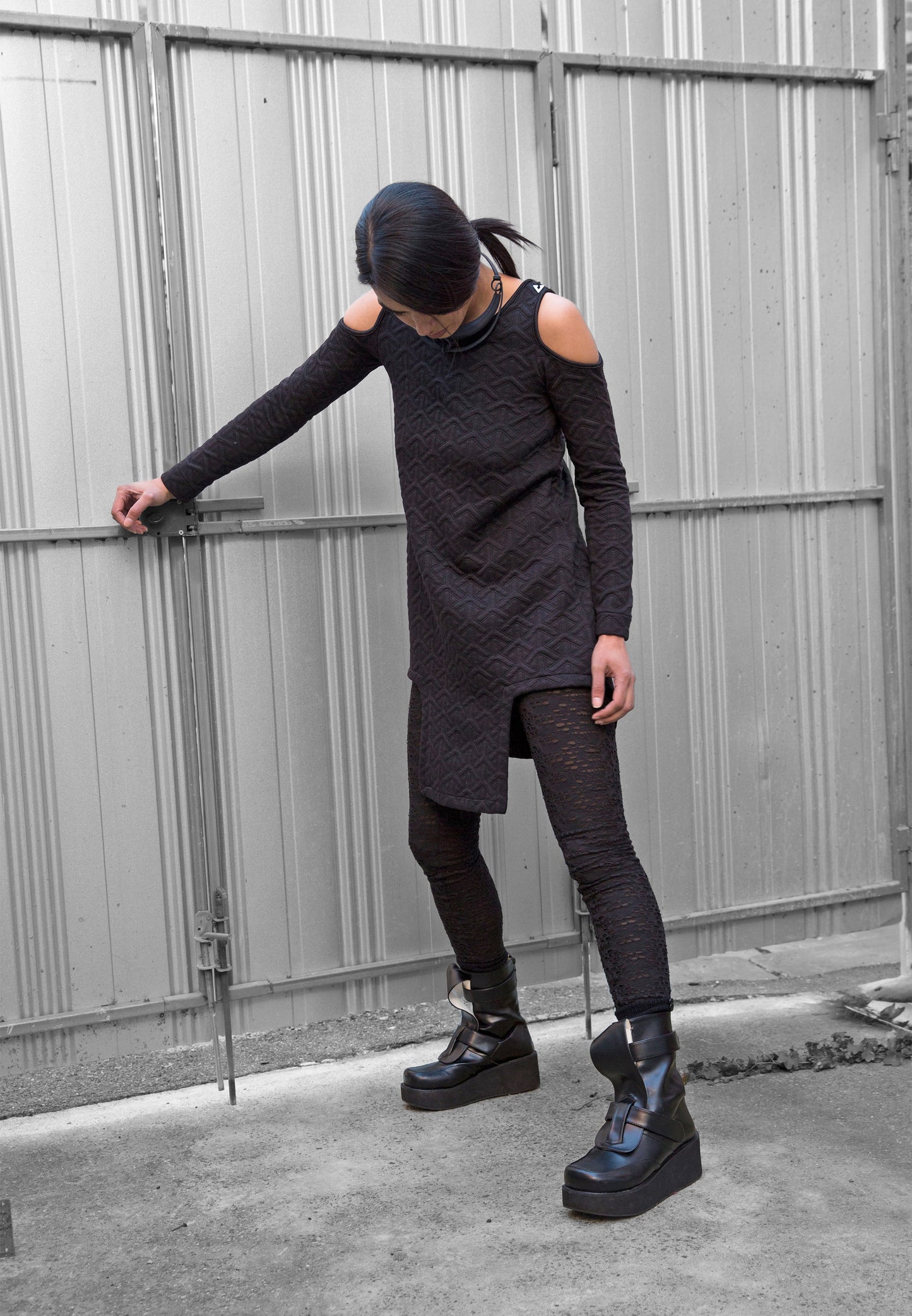 Black Cut Out Shoulder Geometric Dress