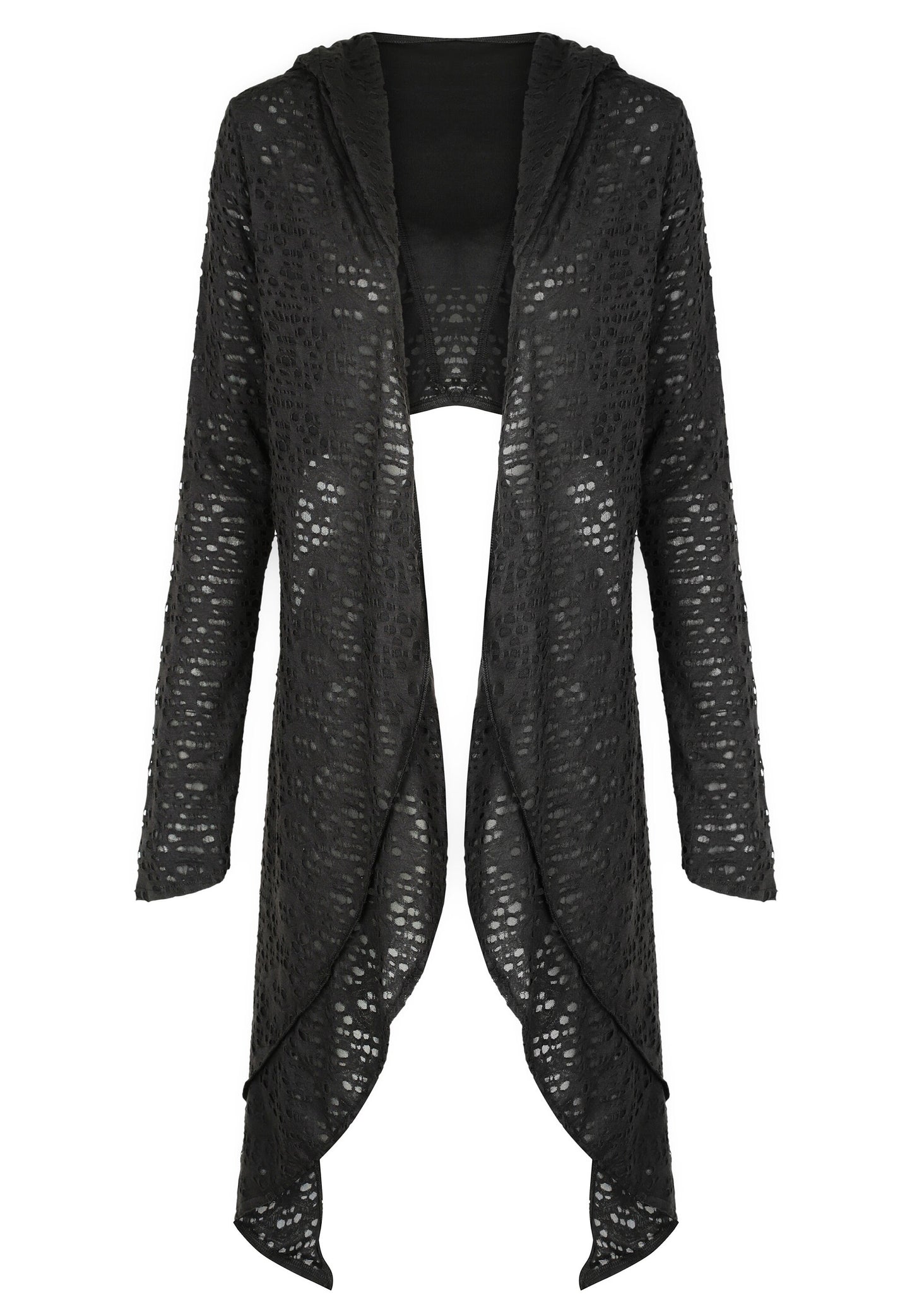 Black Distressed Hooded Cardigan Long Front